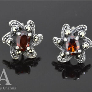 Sparkling Garnet Flower Stud Earrings in Silver & Marcasite