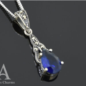 Sparkling Sapphire Necklace Pendant in Silver and Marcasite