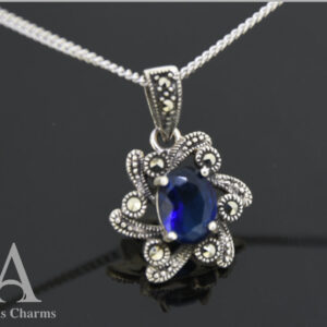 Sparkling Sapphire Flower Necklace Pendant in Silver and Marcasite