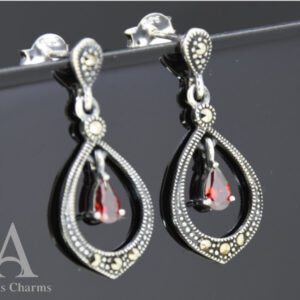 Sparkling Garnet Drop Earrings in Silver and Marcasite