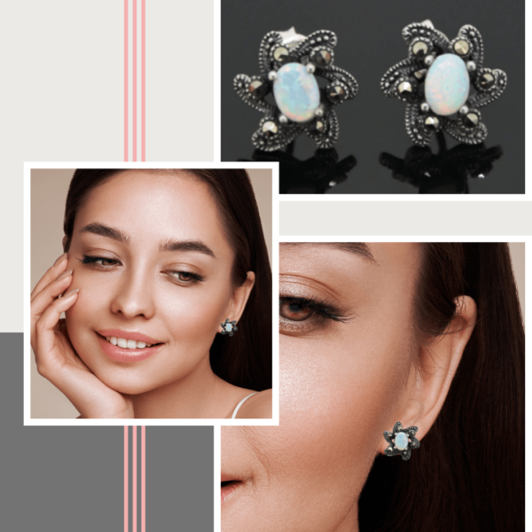 Opal Flower Stud Earrings in Silver & Marcasite - Image 2