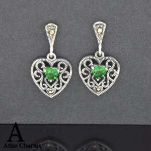 Sparkling Emerald Heart Drop Earrings in Silver Marcasite