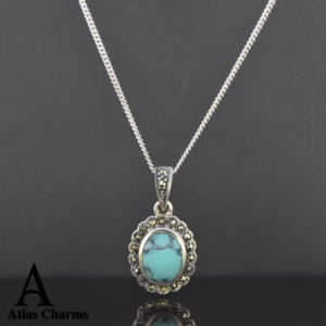 Art Deco Turquoise Necklace Pendant in Silver and Marcasite