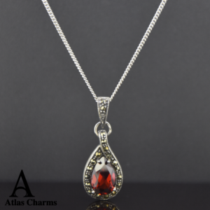 Sparkling Garnet Necklace Pendant in Silver and Marcasite