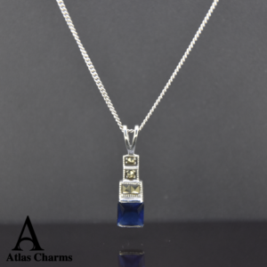 Sparkling Sapphire Necklace Pendant in Silver and Marcasite
