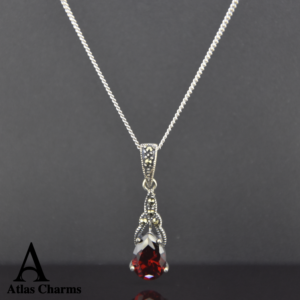 Sparkling Garnet Necklace Pendant in Silver and Marcasite