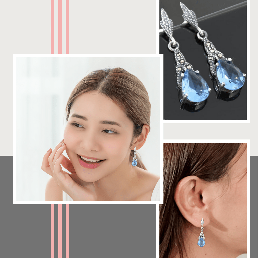 Sparkling Topaz Drop Earrings Silver Marcasite